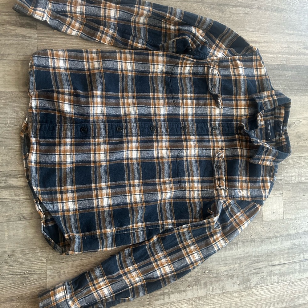 Lucky Brand Navy and Tan Plaid Shirt